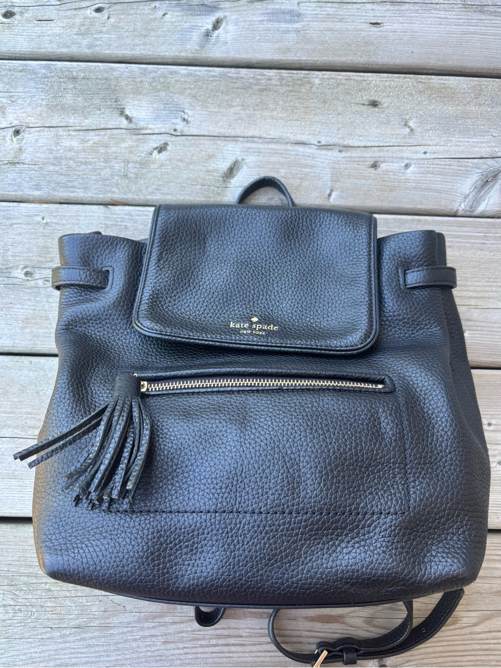 Kate Spade Genuine Leather Backpack Pebbled Black Gold Hardware
